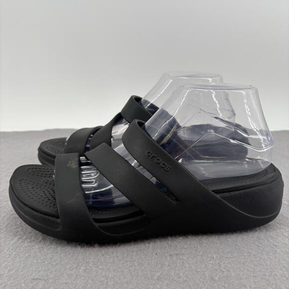 Crocs Shoe Womens 10 Black Monterey Strappy Wedge Casual Comfort Slip On Sandal - Picture 1 of 10